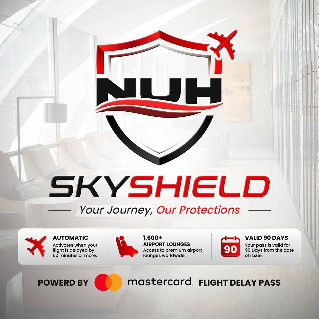NUH SkyShield — automatic activation apabila flight delay 60 minit atau lebih, akses 1,600+ airport lounges dan pass sah 90 hari dari tarikh dikeluarkan. Powered by Mastercard Flight Delay Pass.